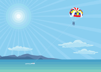 Parachute over the sea. Outdoor activities over the sea and mountains.