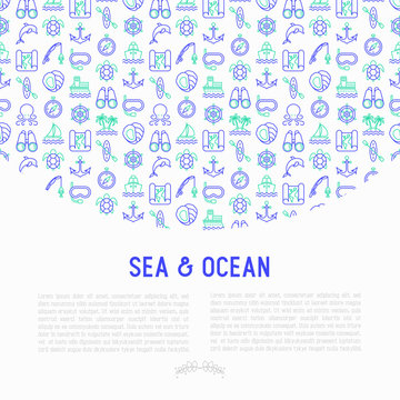 Sea and ocean journey concept with thin line icons: sailboat, fishing, ship, oysters, anchor, octopus, compass, steering wheel, snorkel, dolphin, sea turtle. Vector illustration, print media template.