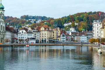 Fototapeta na wymiar Rathausquai with pedestrian bridge, Lucerne, Switzerland