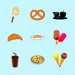icons about Food with mushroom, cake, cocoa drink, knife and fastfood