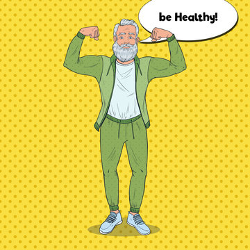 Pop Art Mature Senior Man Showing Muscles. Happy Strong Grandfather. Healthy Lifestyle. Vector illustration