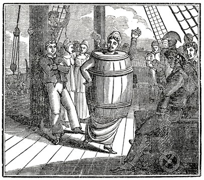 Punishment of disobedient female convict on ship Lady Juliana at a 1789 trip from Britain to Australia; from Life and Adventures of John Nicol (from Das Heller-Magazin, November 13, 1834)