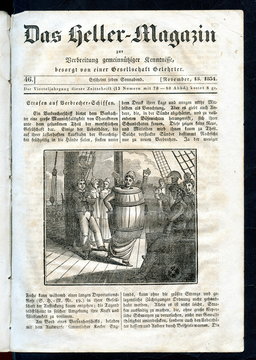 Punishment of disobedient female convict on ship Lady Juliana at a 1789 trip from Britain to Australia; from Life and Adventures of John Nicol (from Das Heller-Magazin, November 13, 1834)