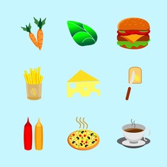 icons about Food with hot, potatoes fries, meat, burger and swiss