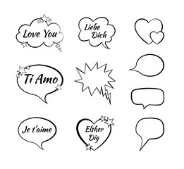Vector Collection Of Speech Bubbles, Comic Design Elements, 'I Love You' on different languages English, German, French, Danish .