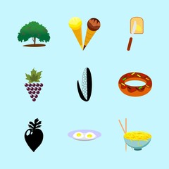 icons about Food with fatty bread, grape, calories, drink and eat