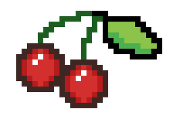 Pixel art: a pair of ripe red cherries, united by the stems, with a small leaf at the end.
