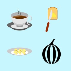 icons about Food with diet, fruit, teacup, fatty bread and dinner