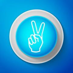 White Hand showing two finger icon isolated on blue background. Victory hand sign. Circle blue button with white line. Vector Illustration