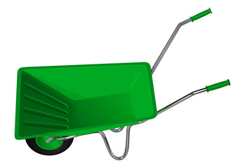Садовая одноколесная тачка с зеленым кузовом и ручками, векторный рисунок на белом фоне
