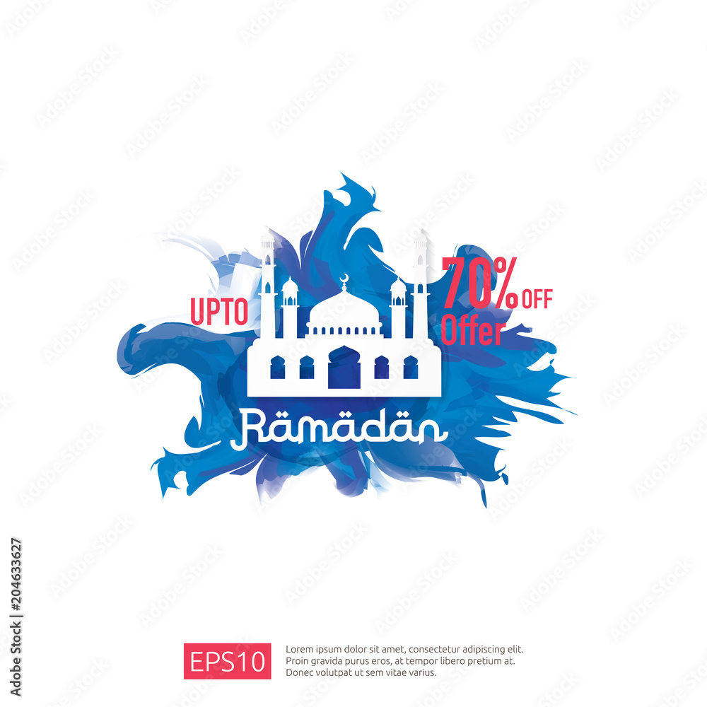 Wall mural Ramadan sale offer banner design. Promotion poster, voucher, discount, label, greeting card of Ramadan Kareem and Eid Mubarak celebration. blue watercolor background vector illustration