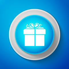 White Gift box icon isolated on blue background. Circle blue button with white line. Vector Illustration