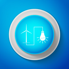 White Wind mill turbine generating power energy and glowing light bulb icon isolated on blue background. Natural renewable energy production using wind mills. Circle blue button. Vector Illustration