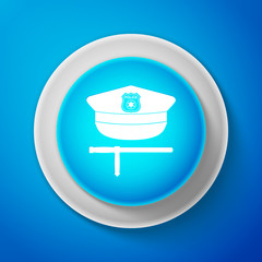White Police cap and rubber baton icon isolated on blue background. Security truncheons. Police stick. Policeman uniform. Circle blue button with white line. Vector Illustration