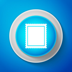 White Postal stamp icon isolated on blue background. Circle blue button with white line. Vector Illustration