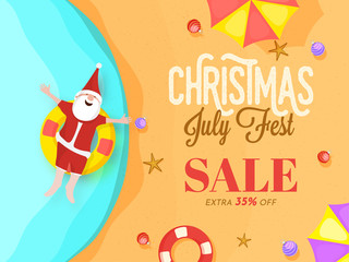 Christmas July fest, flyer, banner or poster design with Happy Santa Claus and extra 35% off offer. Beach view.