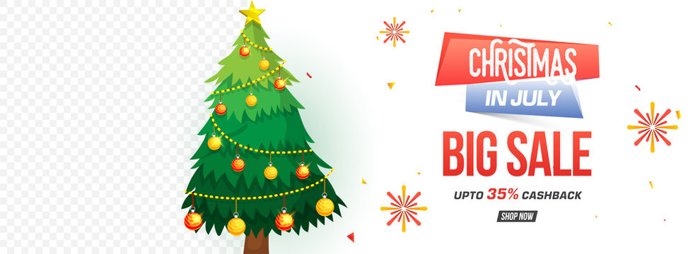 Christmas sale header, banner or poster design with decorated Xmas Tree and space for your image. Upto 35% cashback offers.