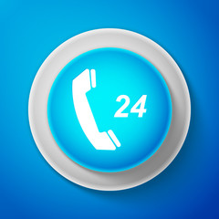 White Telephone 24 hours support icon isolated on blue background. All-day customer support call-center. Circle blue button with white line. Vector Illustration