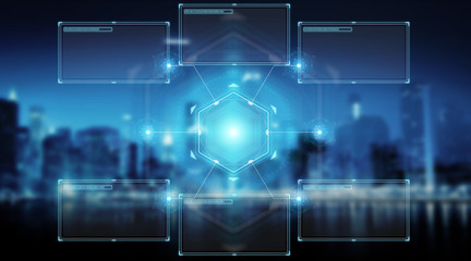 Digital screens interface with holograms datas 3D rendering