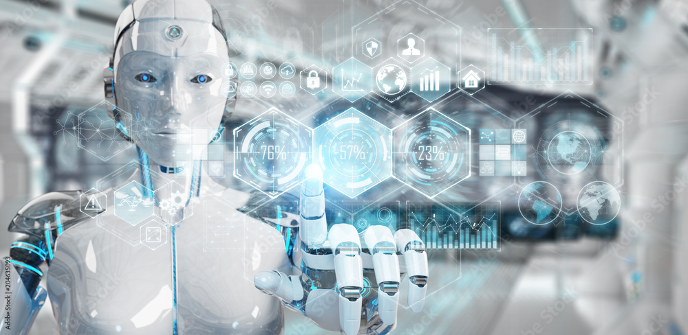 Aufkleber white woman cyborg using digital datas interface 3d rendering