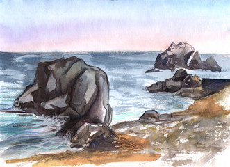 Coastal rocks at sunset against the background of a light sky. Hand-drawn on a paper watercolor and pencils illustration.