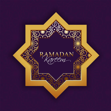 Ramadan Kareem festival celebration with golden star and floral patterned on purple background.