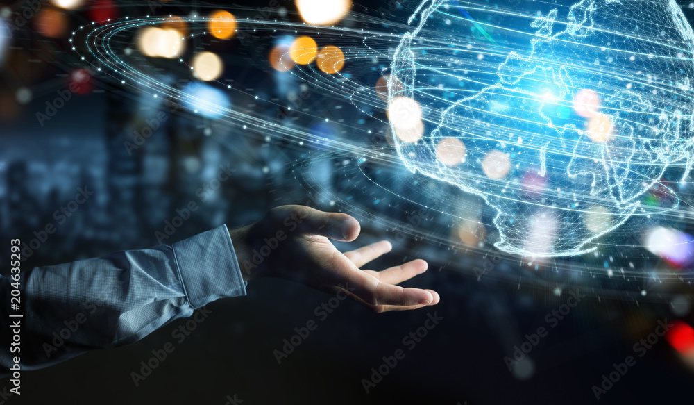 Aufkleber Businessman using globe network hologram with Europe map 3D rendering