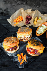 Homemade Pulled Pork, Beef and Vegan Burgers with Chia, Black, White sesam, flax seeds with coleslaw salad red, white cabbage, carrot, purple, orange sweet potatoes in paper, grey concrete background