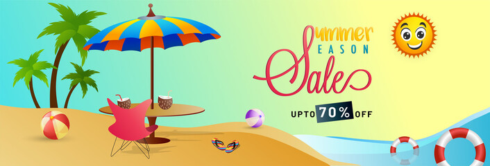 Summer sale, web banner or header design with beach view.