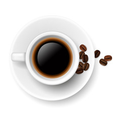 Vector realistic ceramic coffee cup on a plate with hot coffee and coffee beans isolated on white background