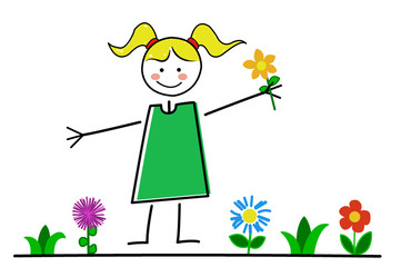 kleines Mädchen mit Blumen - Strichmännchen