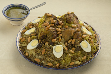  Traditional Moroccan Rfissa dish with eggs and almonds