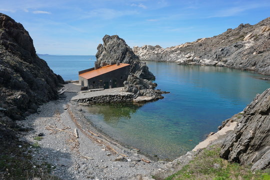 Cove with an old fishermen refuge, Cala Prona, Mediterranean sea, Cap de Creus natural park, Spain, Costa Brava, El Port de la Selva, Catalonia