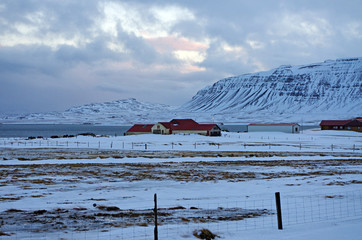 Paysage d'Islande en hiver:  Montagne et ferme sous la neige au bord de la mer