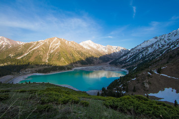 Naklejka na ściany i meble Tien Shan mountains, mountain lake, peaks, Big Almaty Lake, Kazakhstan