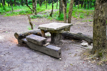 A homemade table and benches in the forest