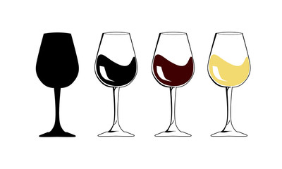 National wine day. The silhouette wineglass icon with white and red wine - Flat Vector illustration. Internet concept Goblet symbol