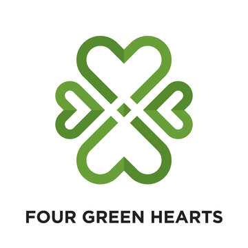 four green hearts logo isolated on white background , colorful vector icon, brand sign & symbol for your business