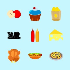 icons about Food with cheez, pepperoni, parmesan, sweet and eat