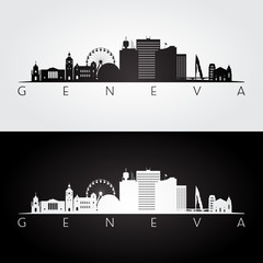 Naklejka premium Geneva skyline and landmarks silhouette, black and white design, vector illustration.