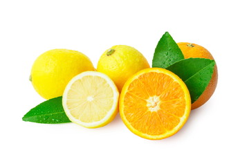 fresh orange and lemon on white