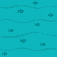 Seamless blue pattern with waves and fish