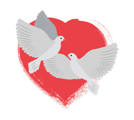 Doves Flying and Red Heart Vector Illustration