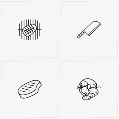 Barbecue line icon set with vegetables, meat piece and chef's ax