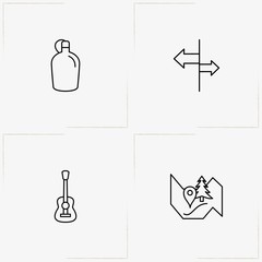Camping line icon set with guitar , water flask and road signboard