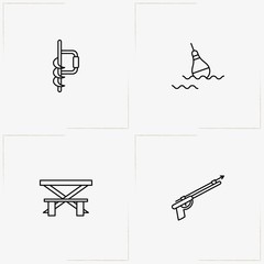 Fototapeta na wymiar Fishing line icon set with camping table , fishing gun and ice fishing drill
