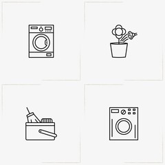 Cleaning line icon set with washing machine , pot of plant  and basket