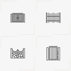 Fences And Wickets line icon set with fence, wicket and gate
