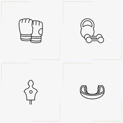 Boxing line icon set with mouth guard, box gloves and punching bag