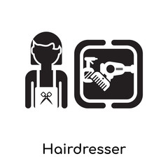 Hairdresser isolated on white background , black filled vector sign and symbols